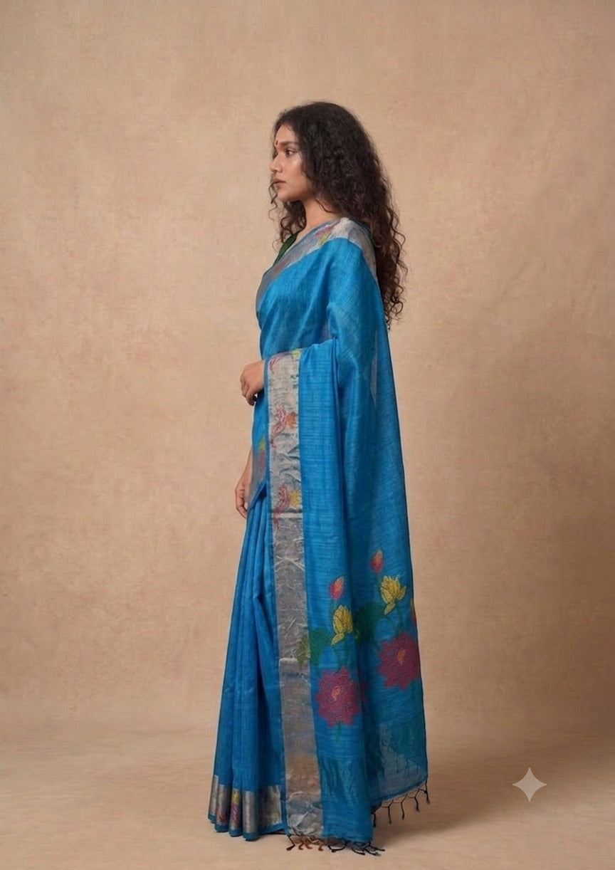 Turqoise blue tussar Jamdani saree
