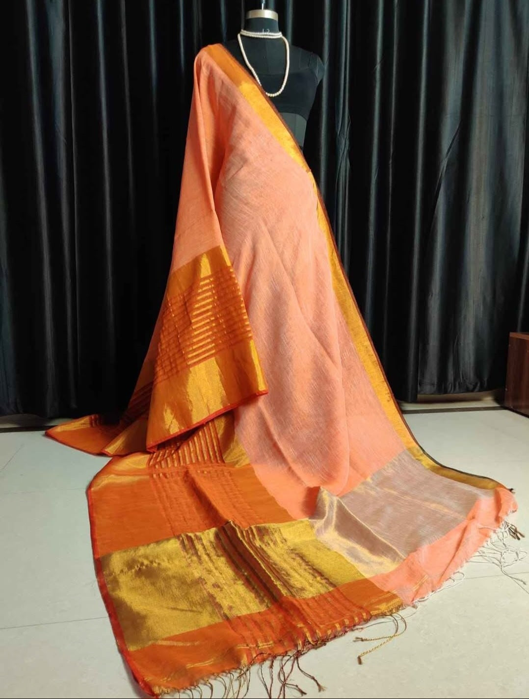 Peach broad border Linen Saree