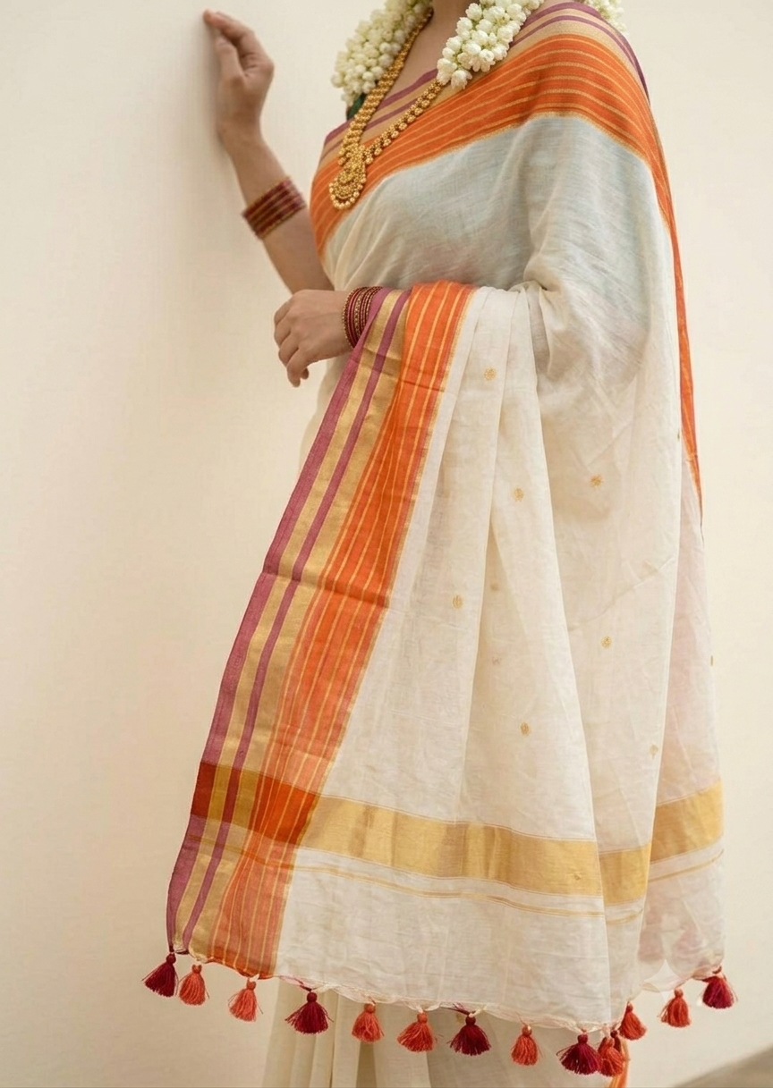 Off white mulmul cotton saree orange border
