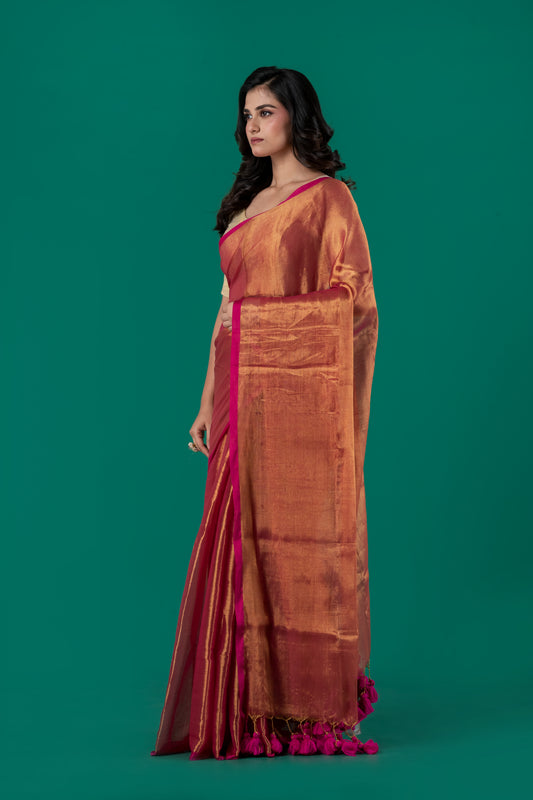 Red & orange metallic fusion tissue cotton saree