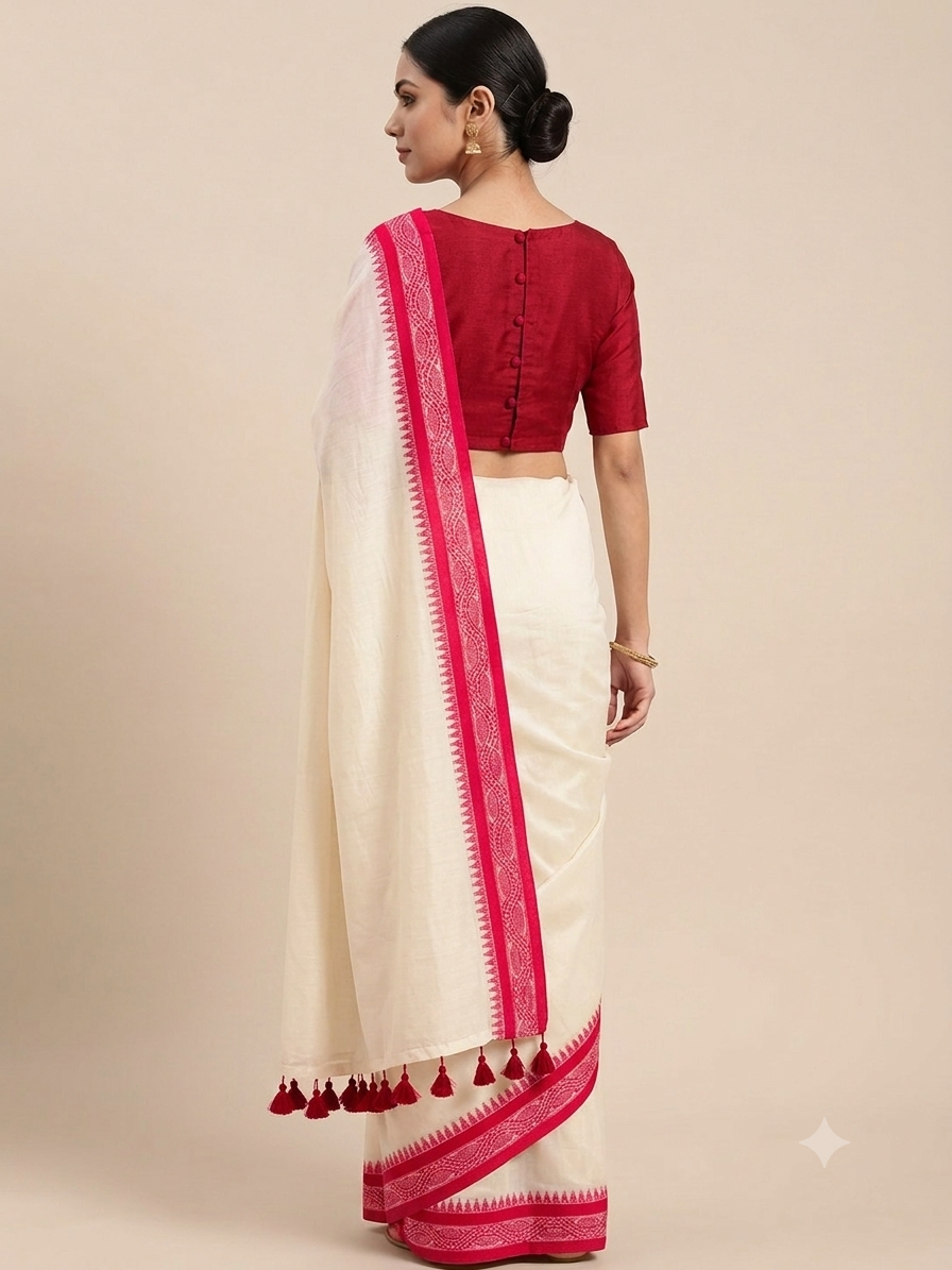 Red naksha border offwhite mul cotton saree