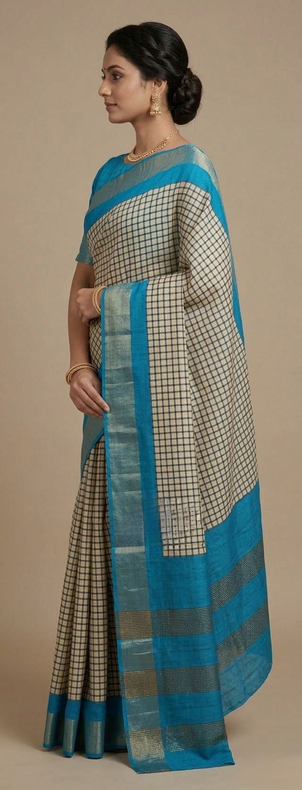 Turqoise Zari Tussar silk saree- printed