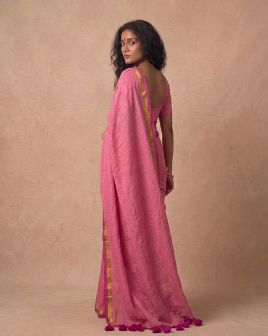 Pink mulmul cotton saree with gold and red border