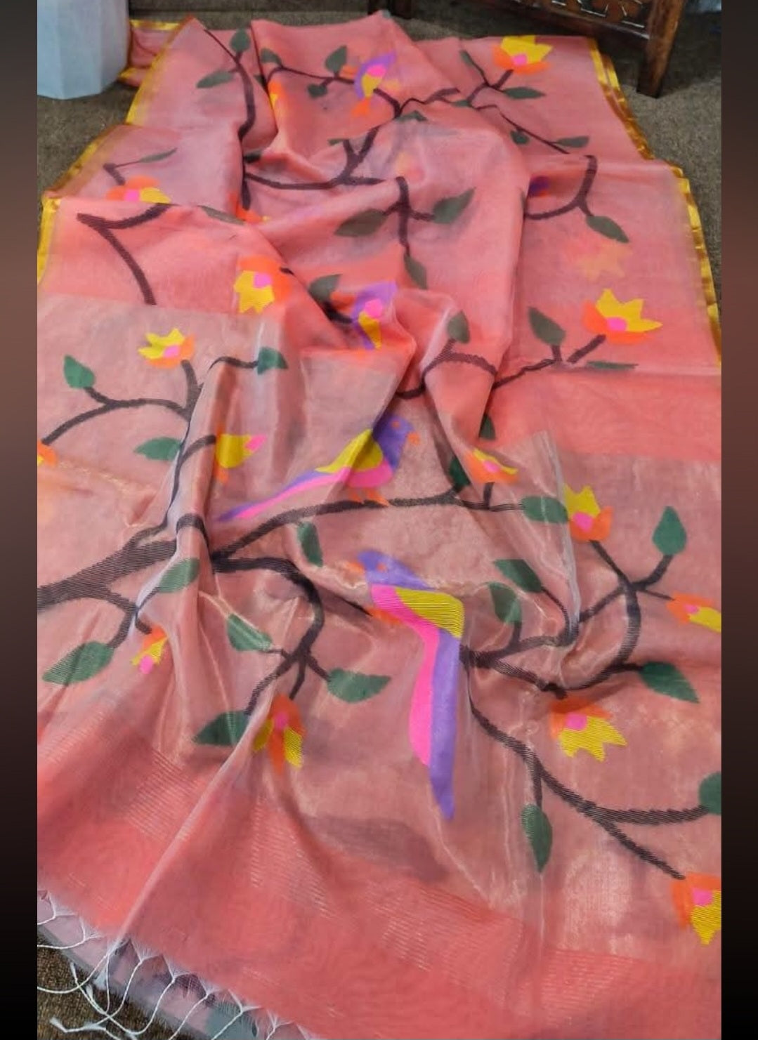 Peach pink handspun white resham paithni silk saree