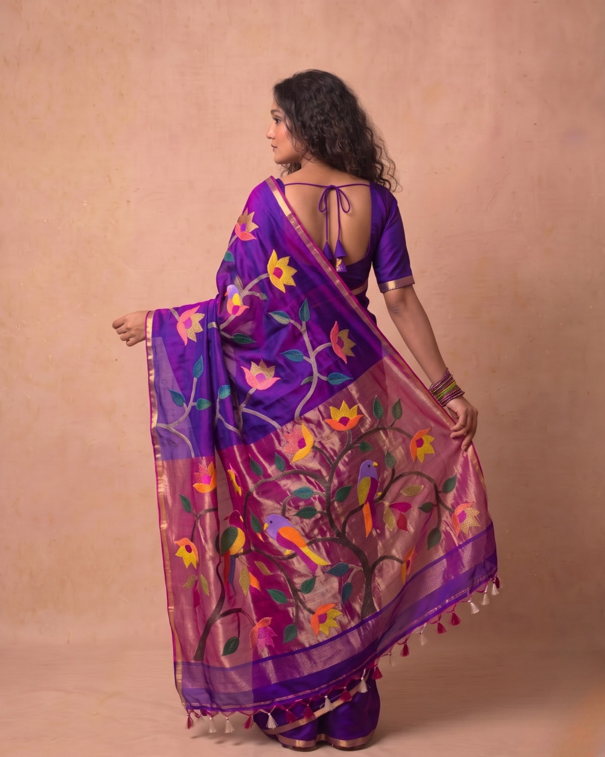 Deep Purple Resham Silk Handloom Saree with Multi-Color Vine Weave