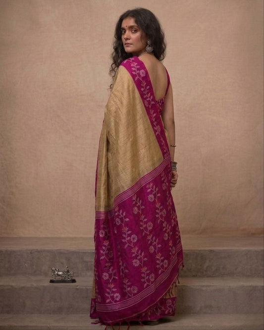 Beige and eani pink tussar Jamdani saree