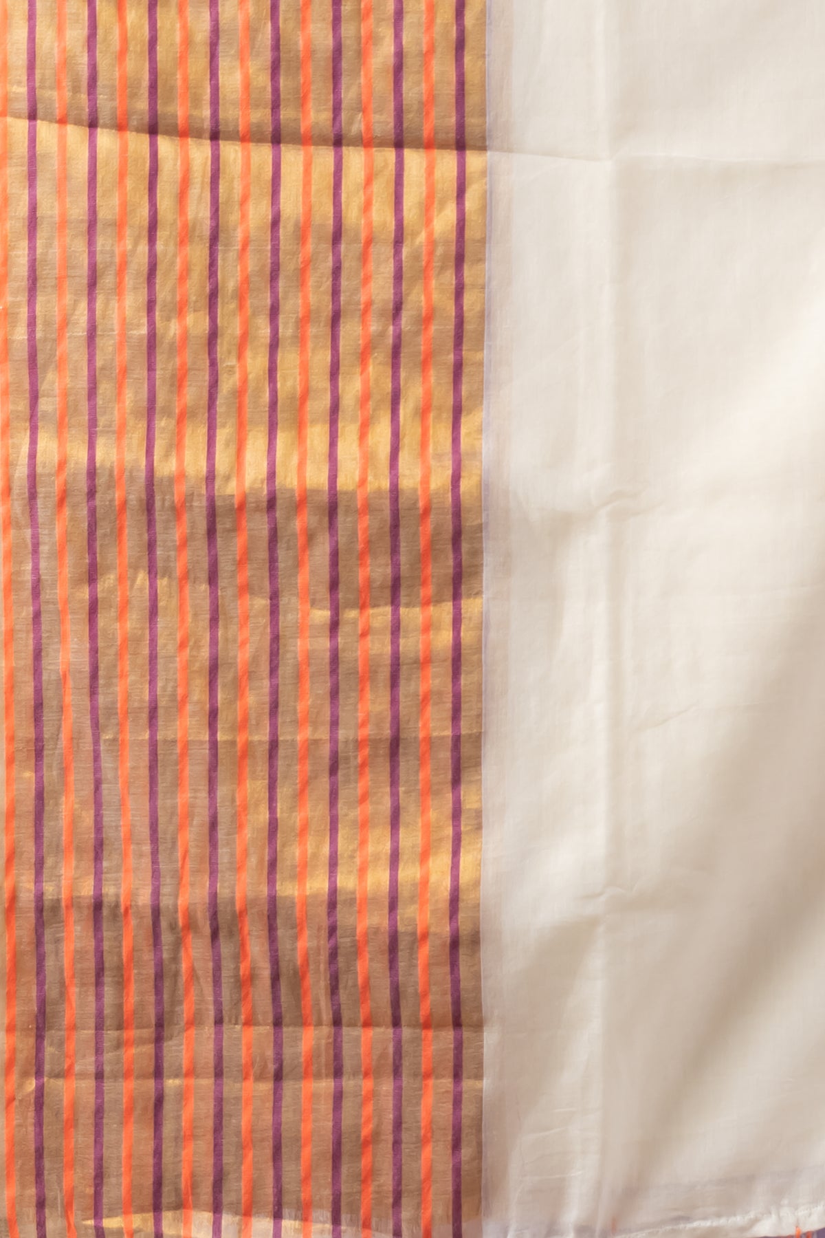 Ivory White Saree with Contrast Orange Golden striped Zari Border
