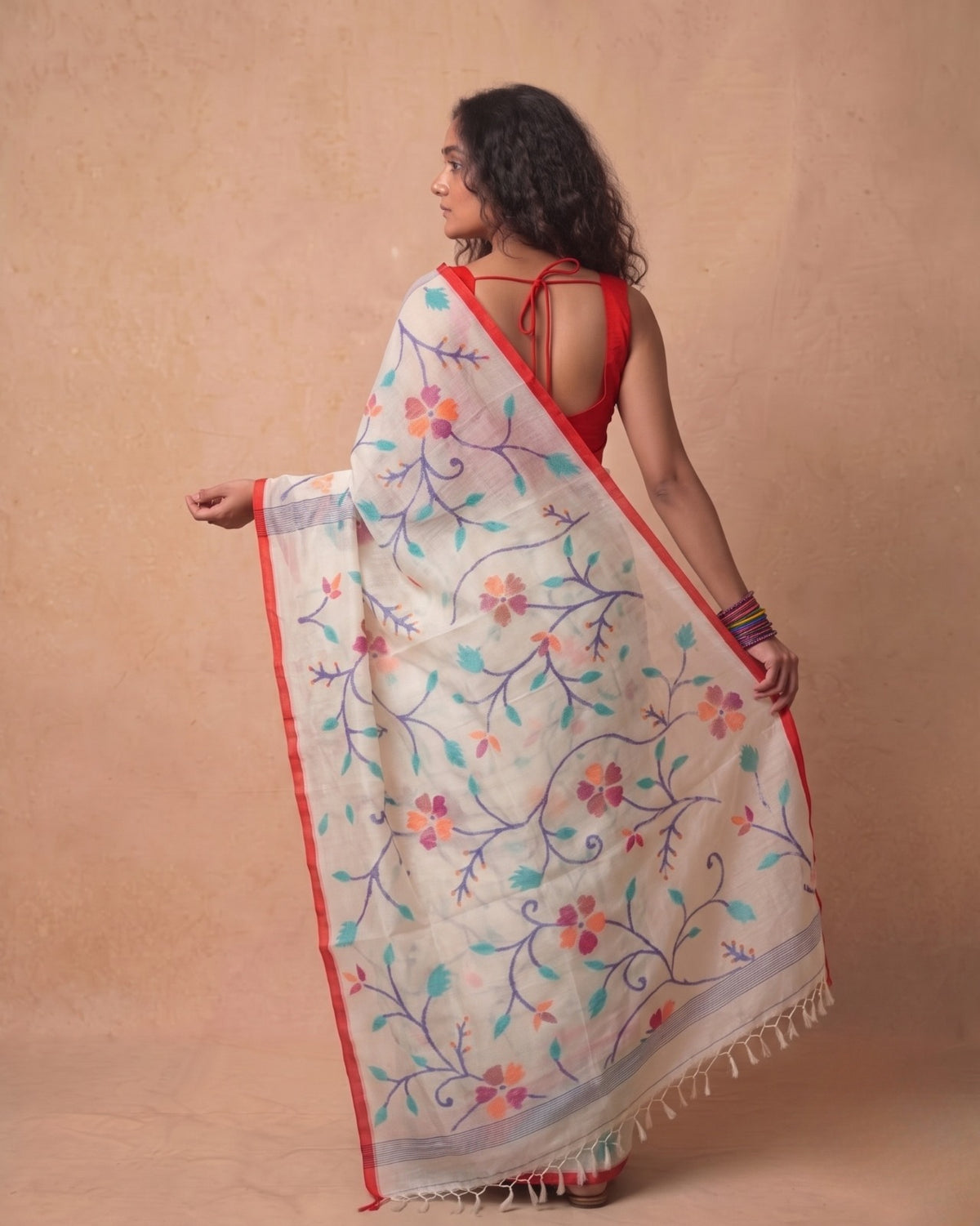 Pure Resham Handwoven Jamdani Saree in Off-White with Red Border