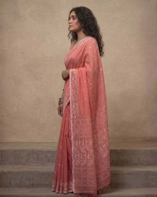 Peach handloom cotton jamdani saree