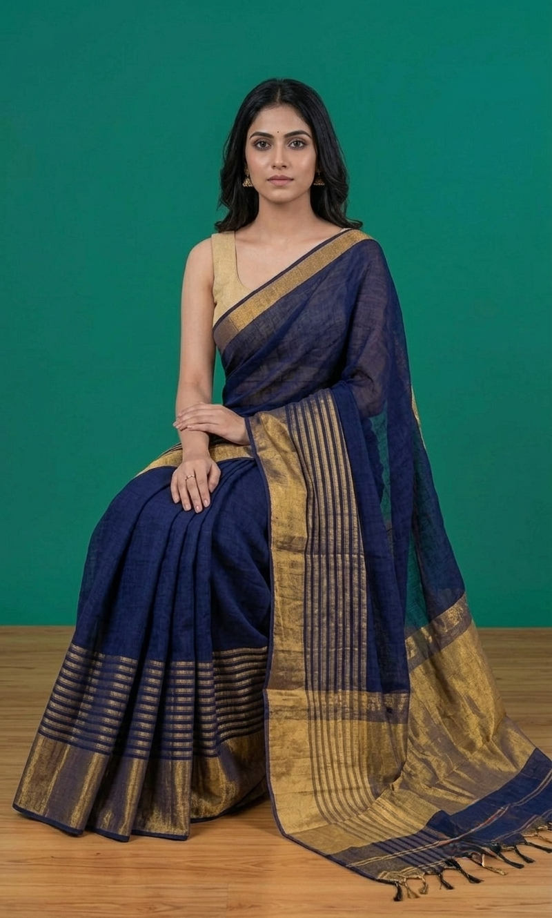 Blue broad zari border Linen Saree