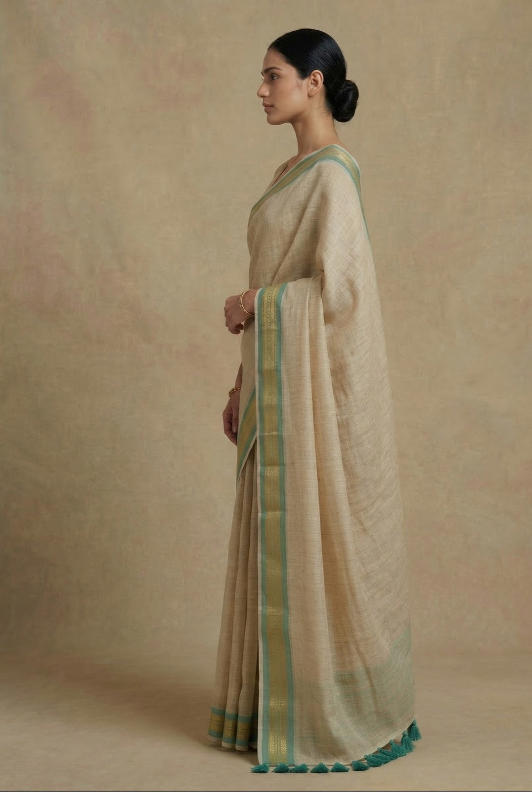 White mulmul cotton saree green zari border