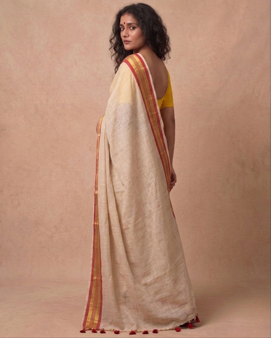 Off white red zari border mulmul saree