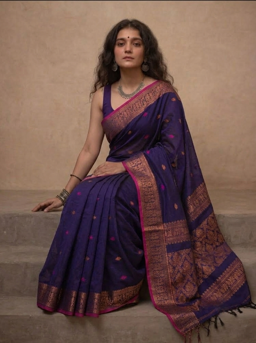Navy blue handloom saree with contrast pink edging and woven zari pallu