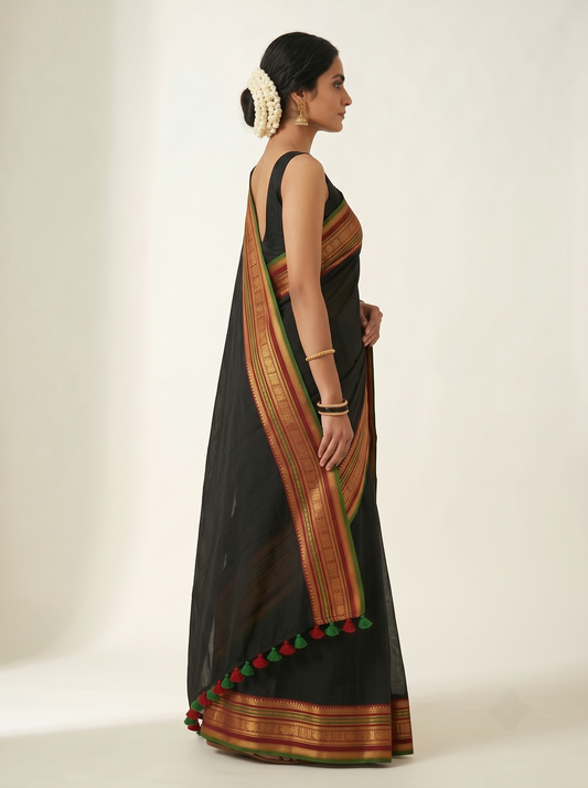 Gorgeous black mul cotton saree with multicolor kanchi borde