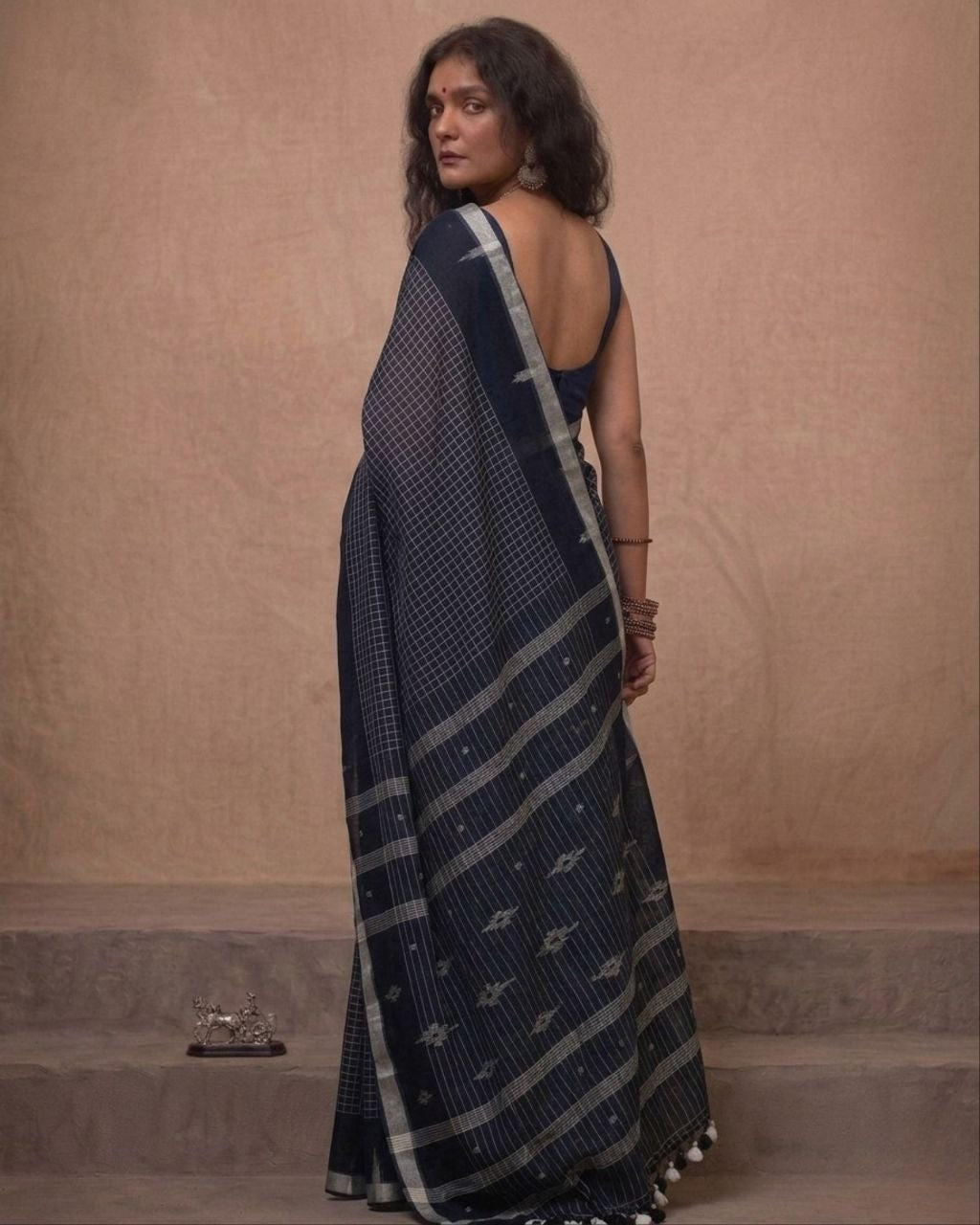 Black check handspun cotton saree