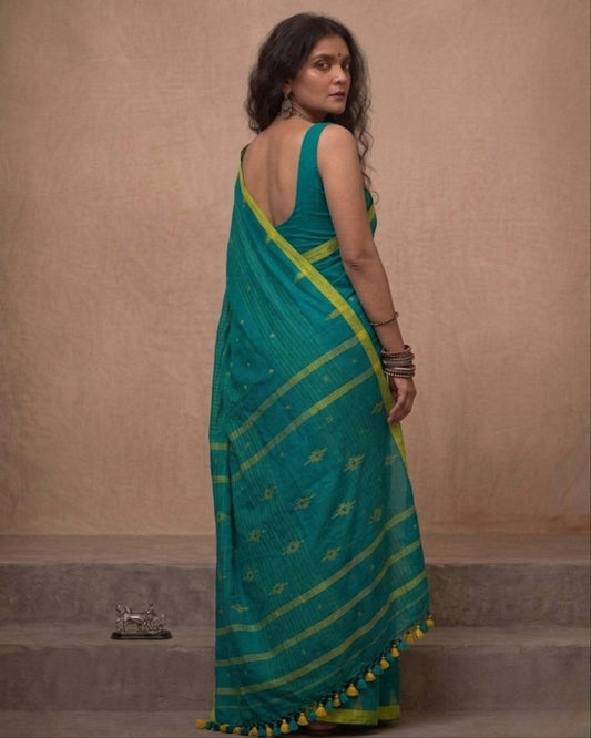 Sea blue check handspun cotton saree