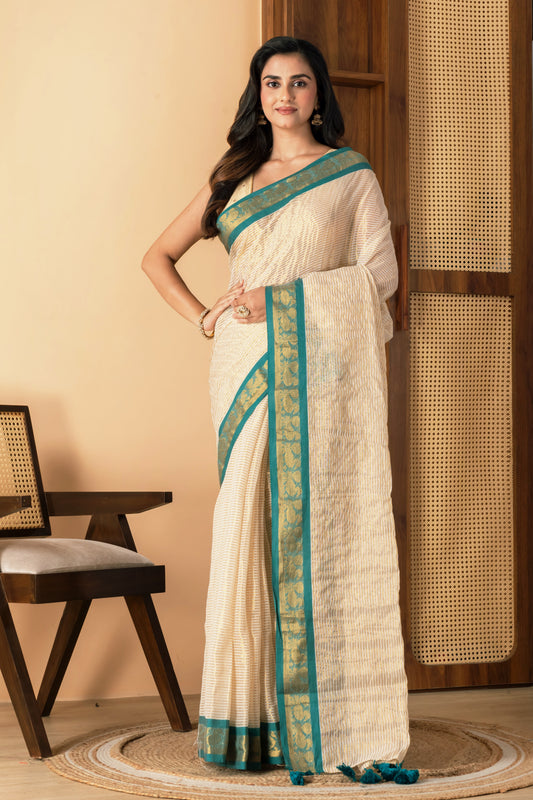 Zari striped pure tissue mul cotton saree Rama green border