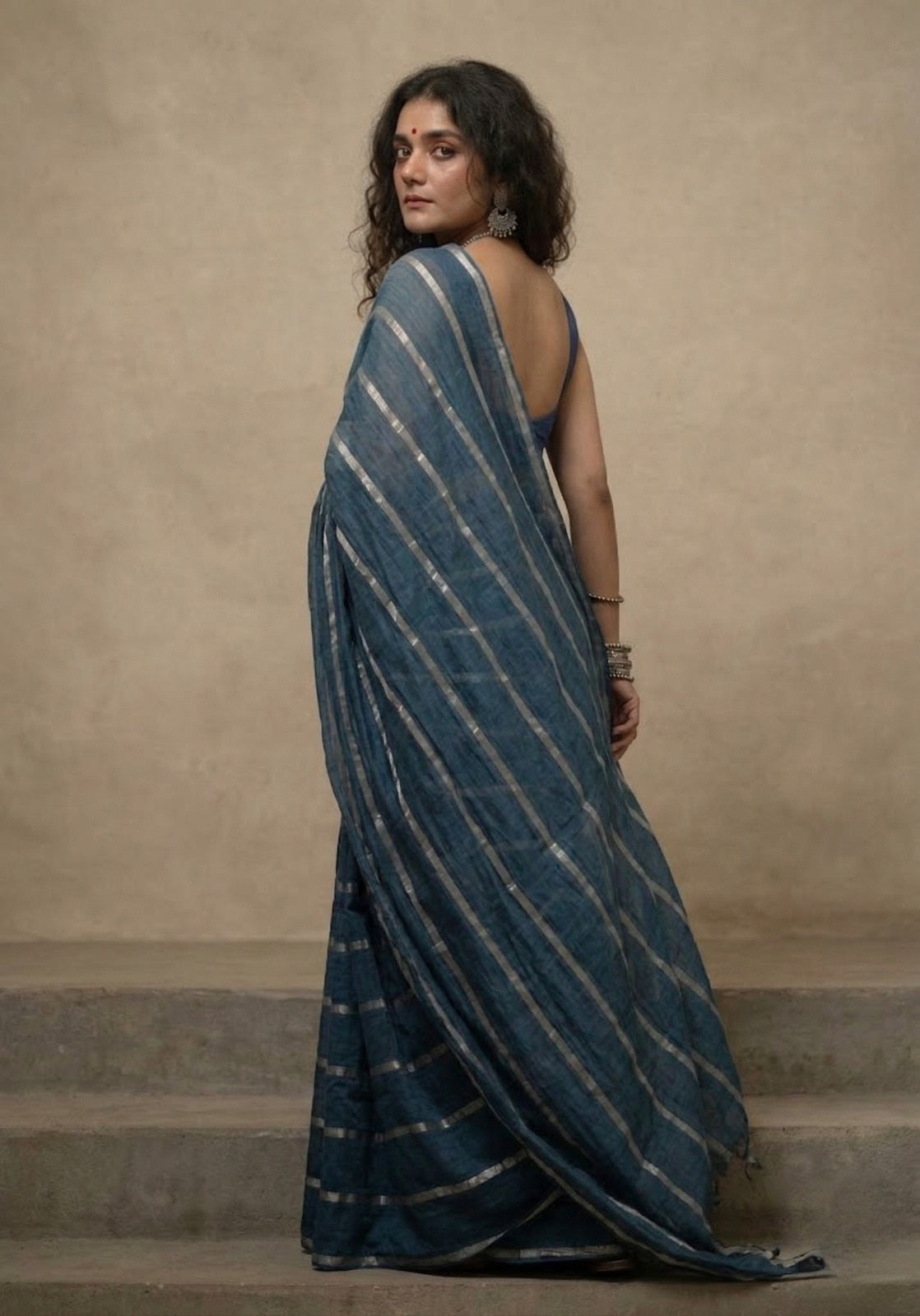 Indigo blue striped mulmul cotton saree