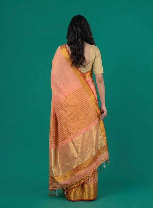Peach broad zari border Linen Saree