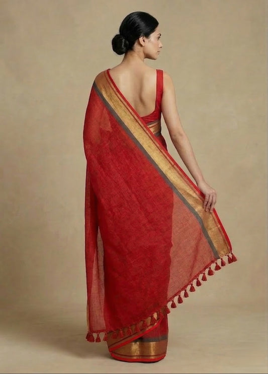 Red plain mulmul cotton saree