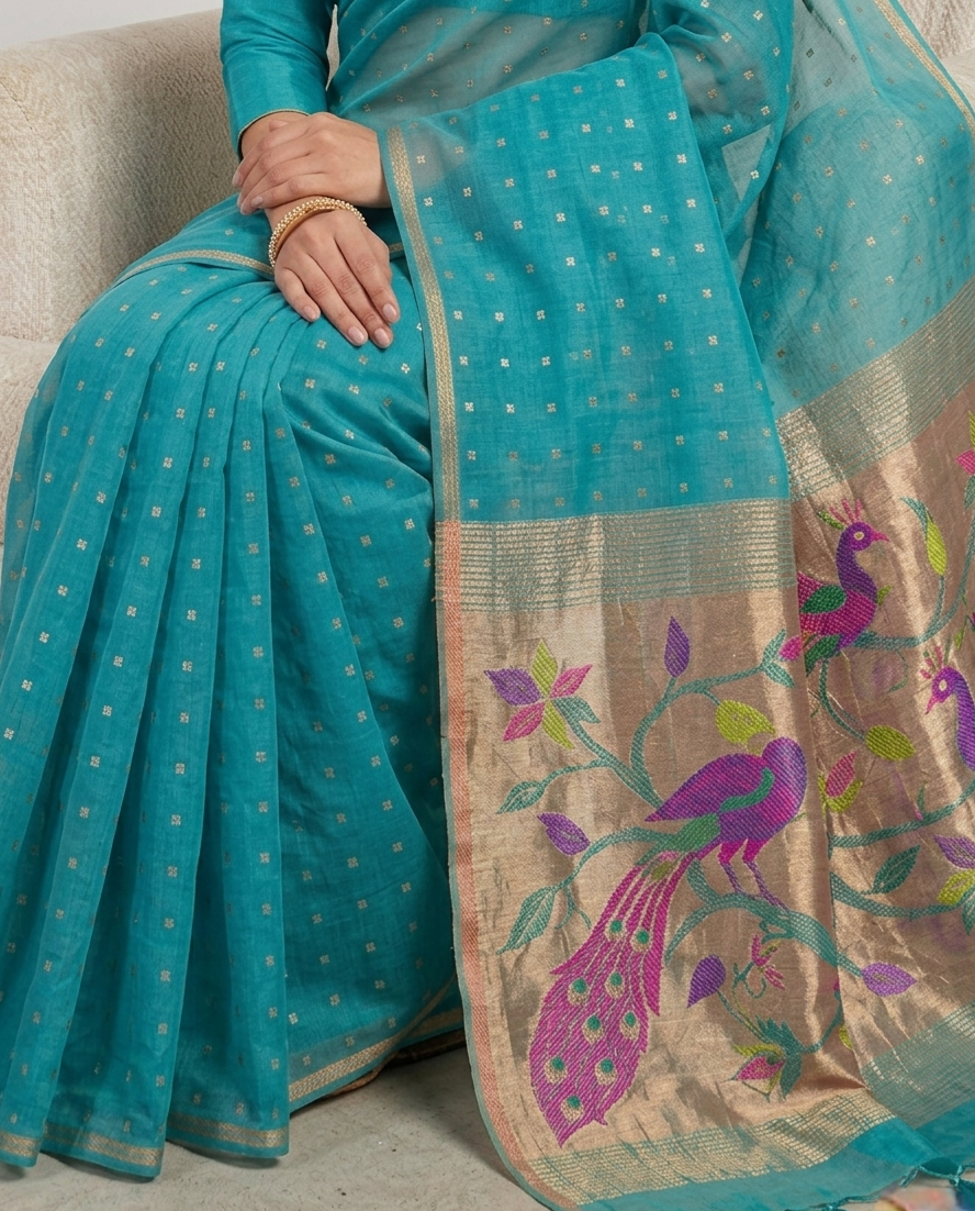 Handspun resham turqoise silk saree