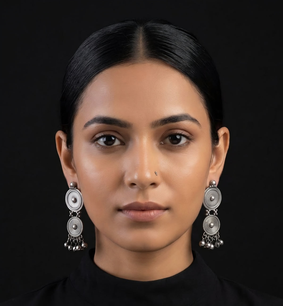 Antique Silver-Tone Medallion Dangle Earrings with Ghungroo Drops