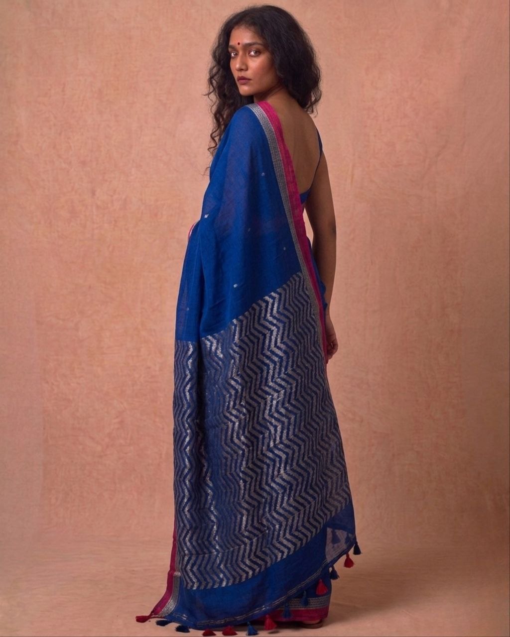 Royal blue organic cotton linen saree