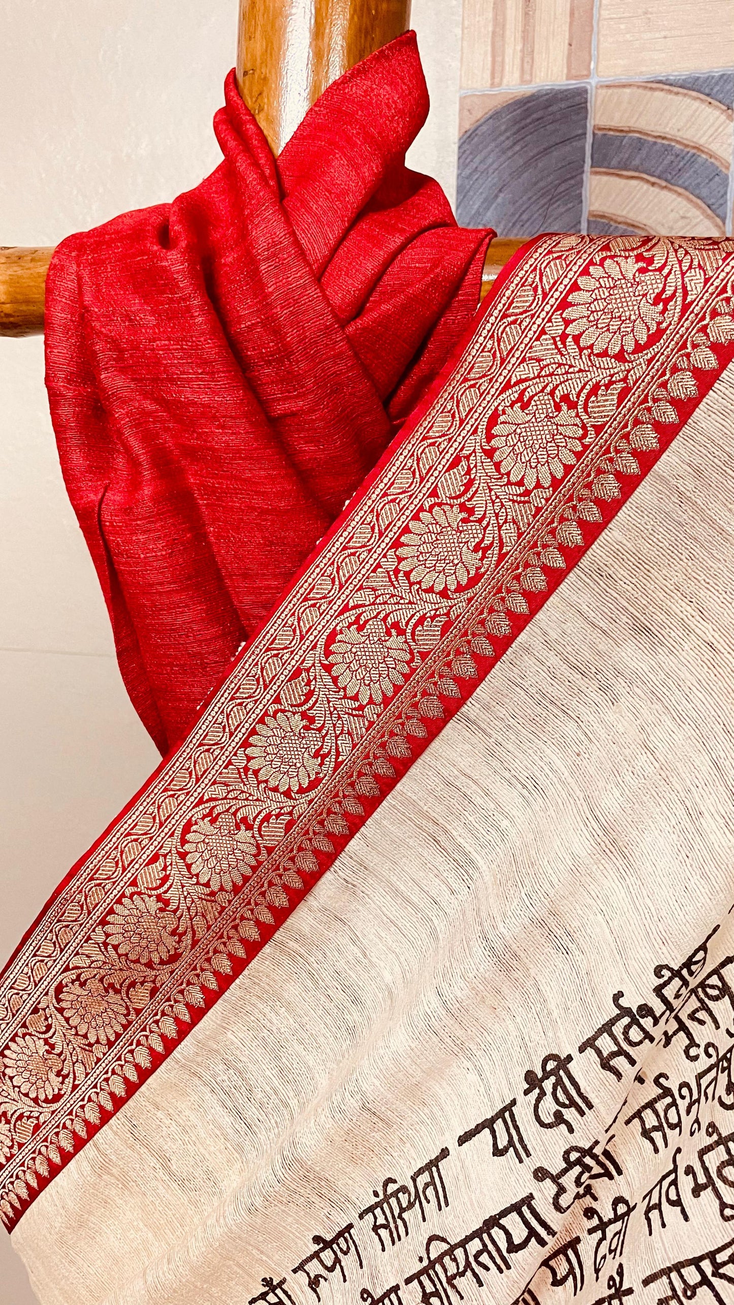 Red Ghicha Silk with hand block print