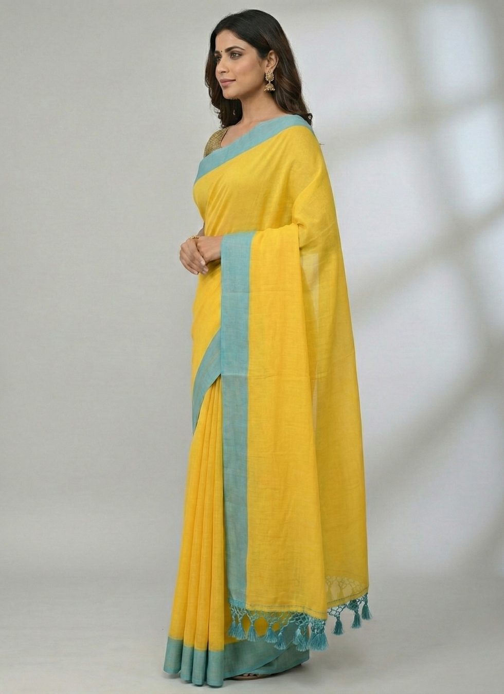 Yellow mulmul cotton saree