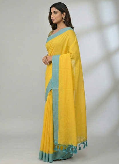 Yellow mulmul cotton saree