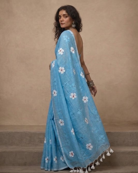 Sea Blue Shiuli Mul Cotton Saree