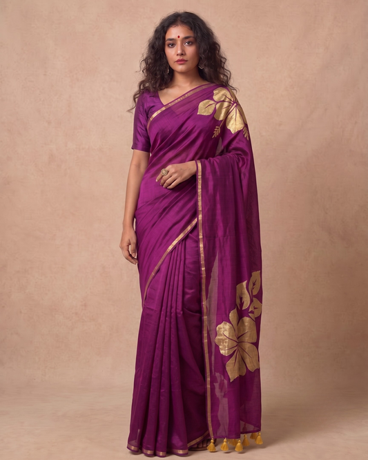 Golden flower rani pink mulmul cotton saree