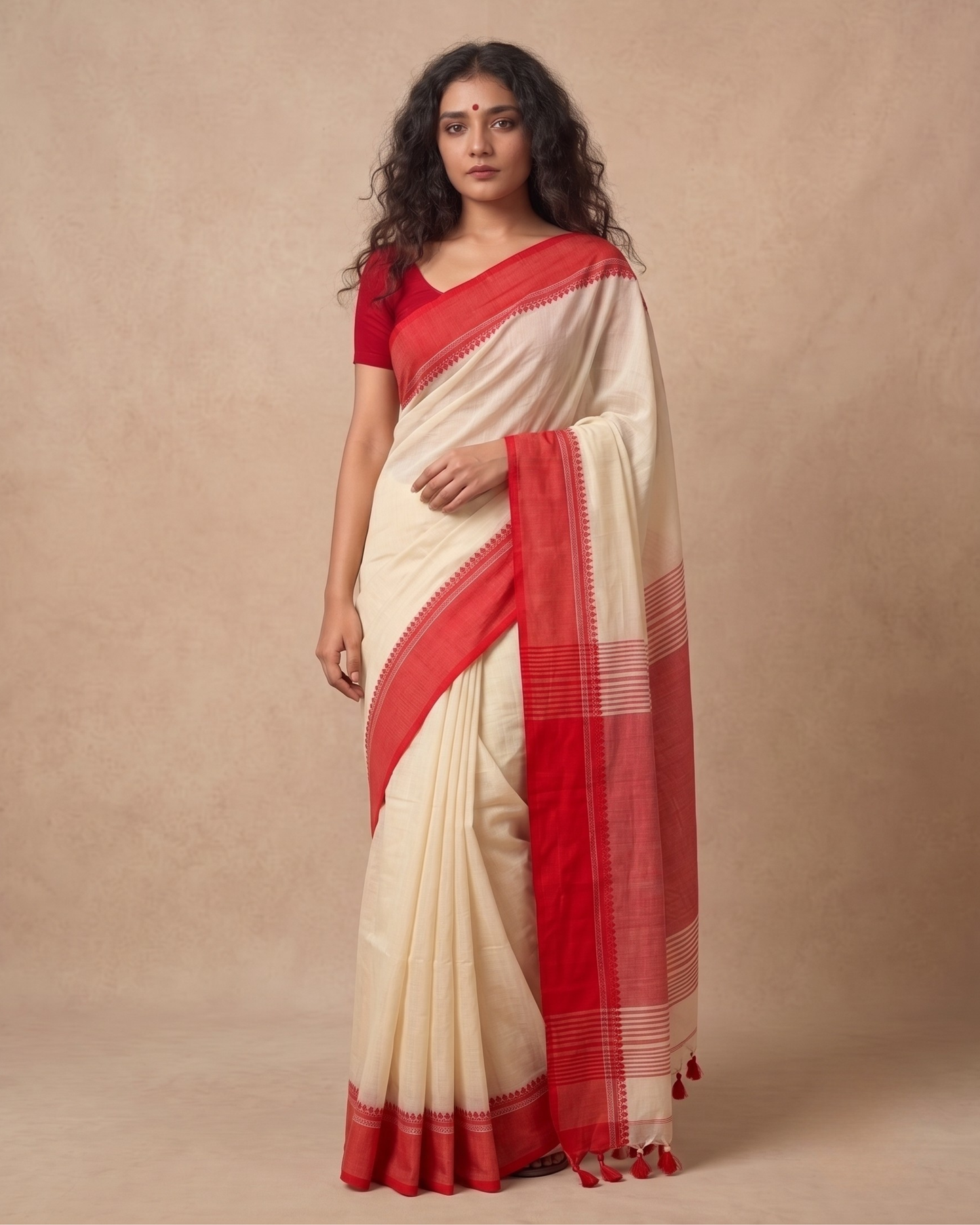 Red border white mul cotton saree