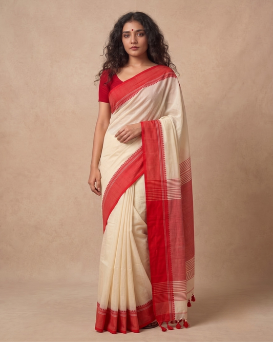 Red border white mul cotton saree