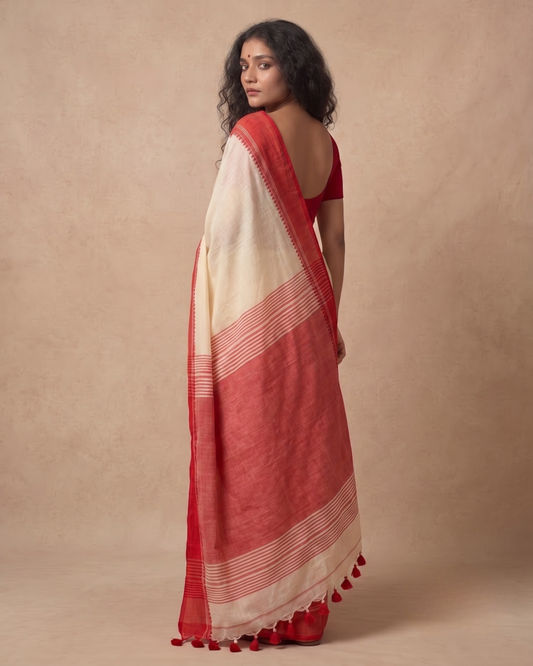 Red border white mul cotton saree