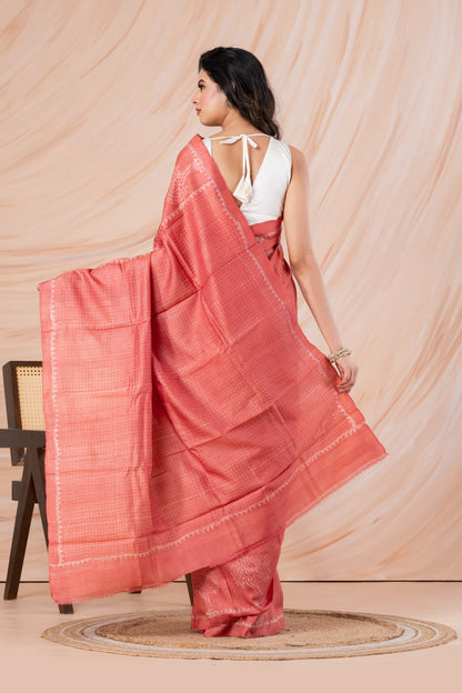 Peach pink tussar printed saree