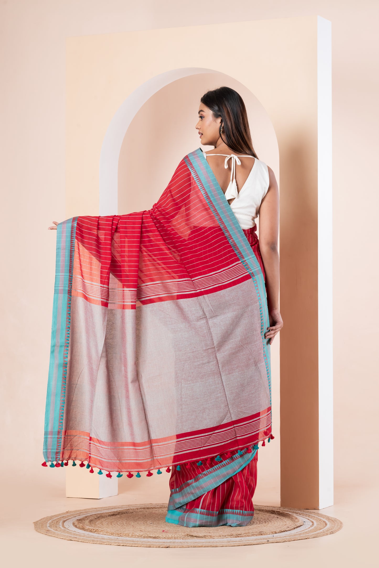 Red stripe handloom cotton with blue satin border
