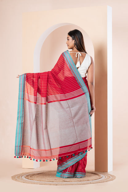 Red stripe handloom cotton with blue satin border