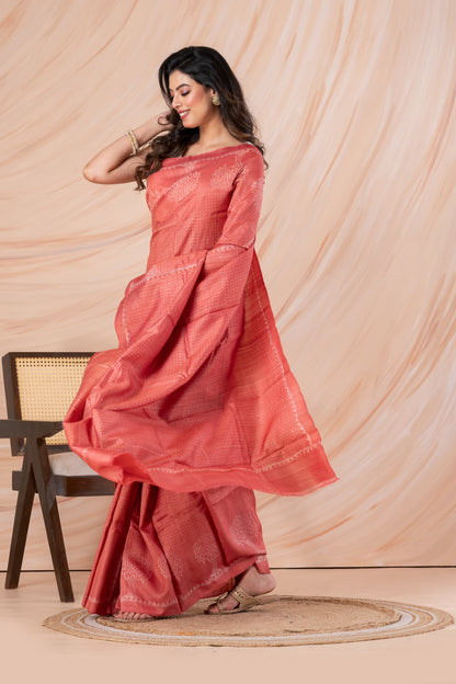 Peach pink tussar printed saree