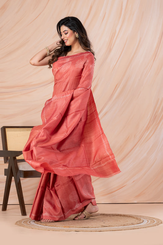 Peach pink tussar printed saree