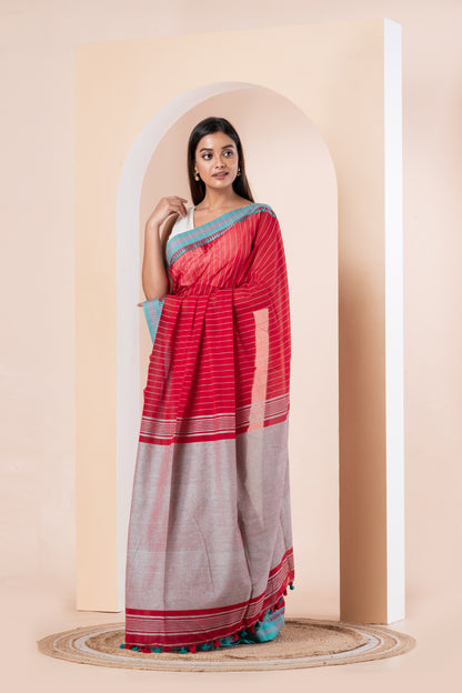 Red stripe handloom cotton with blue satin border