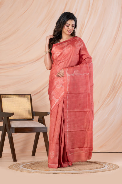 Peach pink tussar printed saree