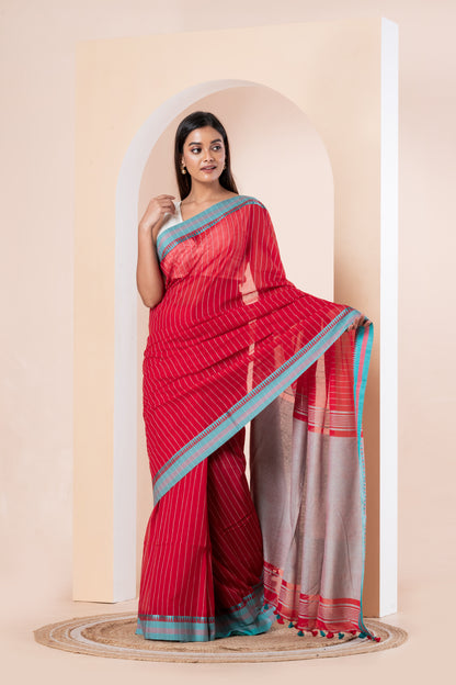Red stripe handloom cotton with blue satin border