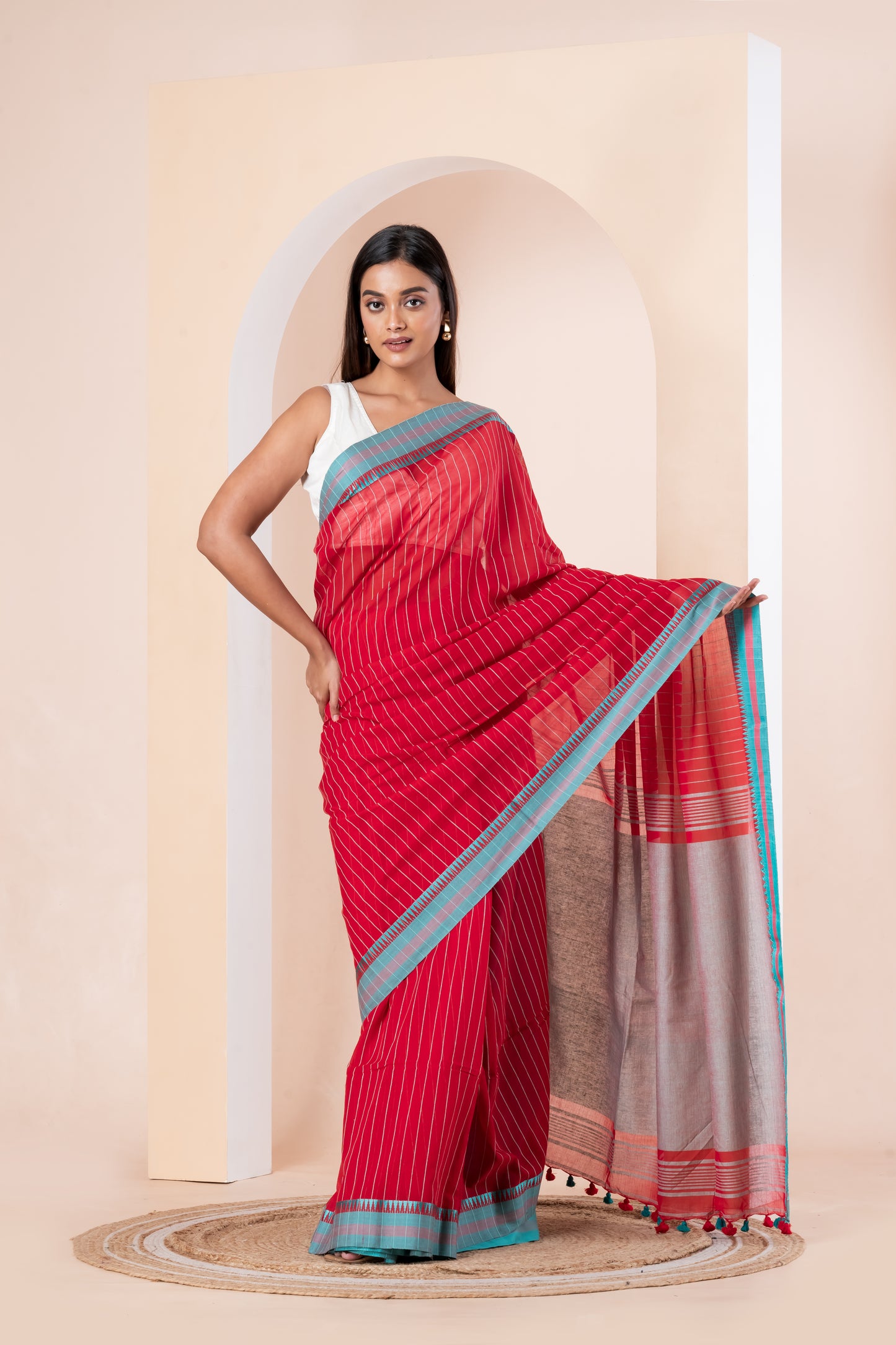 Red stripe handloom cotton with blue satin border