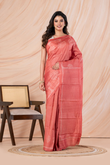 Peach pink tussar printed saree