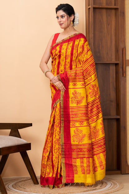 Red n yellow tie dye matka saree