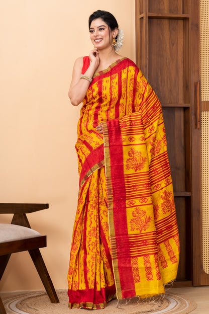 Red n yellow tie dye matka saree