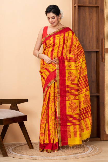 Red n yellow tie dye matka saree