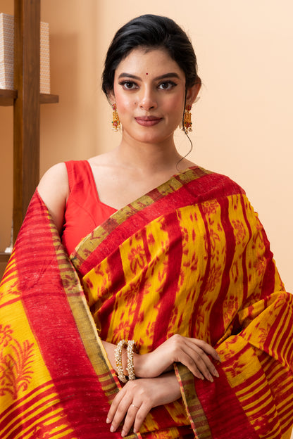 Red n yellow tie dye matka saree