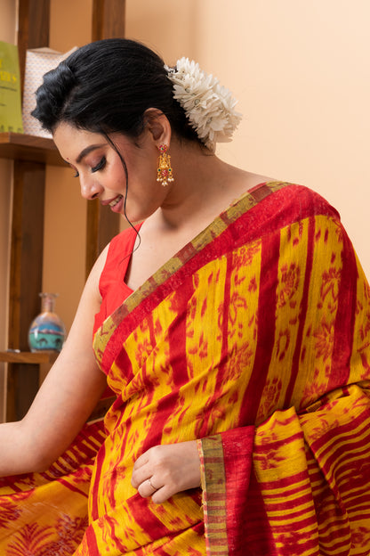 Red n yellow tie dye matka saree